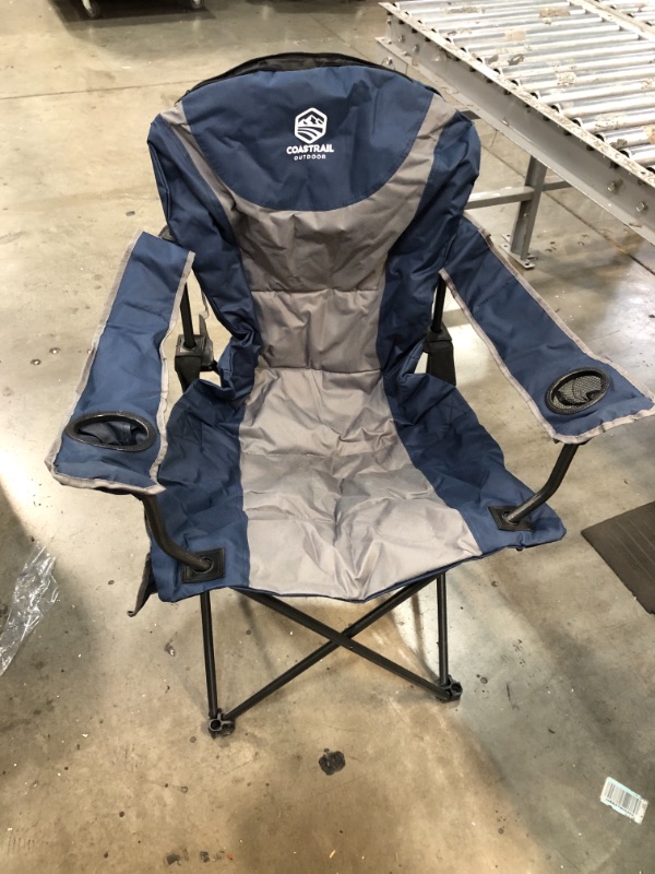 Photo 2 of *USED*
Coastrail Outdoor Reclining Camping Chair 3 Position Folding Lawn Chair for Adults Padded Comfort Camp Chair with Cup Holders, Head Bag and Side Pockets, Supports 350lbs, Blue&Grey
