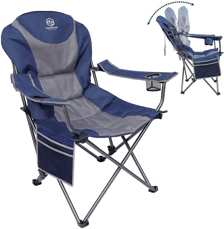 Photo 1 of *USED*
Coastrail Outdoor Reclining Camping Chair 3 Position Folding Lawn Chair for Adults Padded Comfort Camp Chair with Cup Holders, Head Bag and Side Pockets, Supports 350lbs, Blue&Grey
