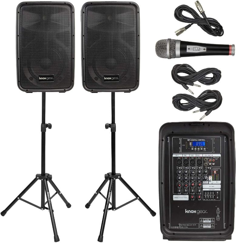 Photo 1 of **WONT POWER *** Knox Dual Speaker and Mixer Kit – Portable 8” 300 Watt DJ PA System with Wired Microphone, and Tripods – 8 Channel Amplifier - Bluetooth, USB, SD, 1/4” Line RCA, XLR Inputs
