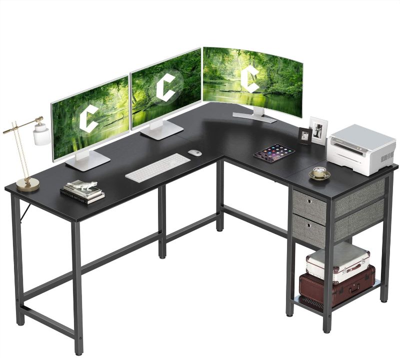 Photo 1 of MISSING HARDWARE***-*Cubiker L-Shaped Computer Desk, Home Office Corner Desk with Non-Woven Drawer, Sturdy Writing Table, Space-Saving, Easy to Assemble
