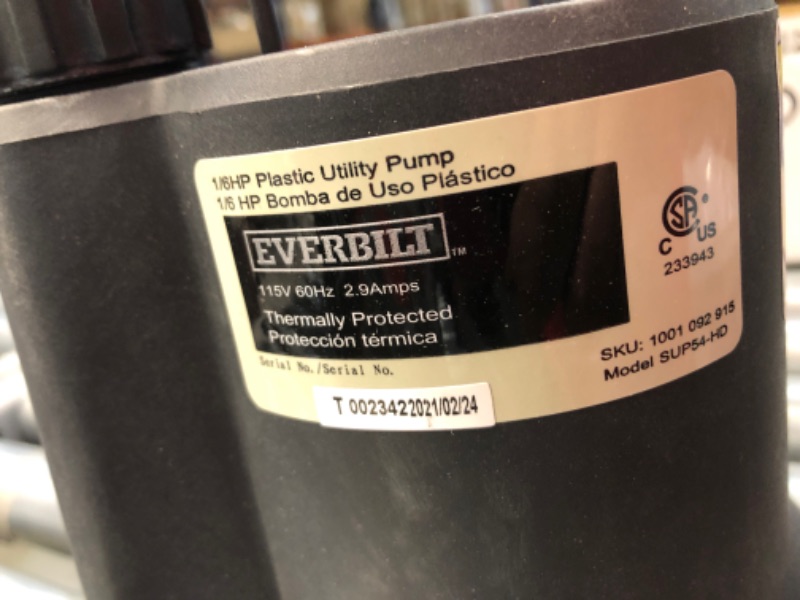 Photo 2 of Everbilt 1/6 HP Plastic Submersible Utility Pump