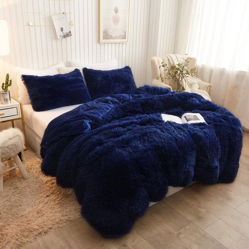 Photo 1 of  Plush Shaggy Duvet Cover Luxury Ultra Soft Crystal Velvet Bedding 1PC(1 Faux Fur Duvet Cover),Zipper Closure(King,Navy Blue)