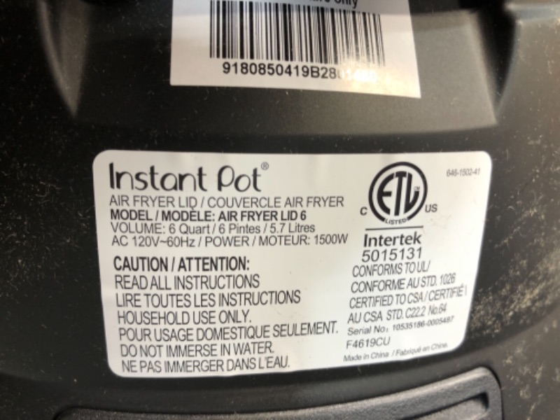 Photo 1 of Instant Pot Air Fryer Lid 6 in 1, No Pressure Cooking Functionality, 6 Qt, 1500 W
