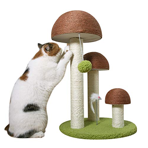 Photo 1 of PetnPurr Mushroom Cat Scratching Post with Mouse Toy and Dangling Ball – Handcrafted with Durable Sisal Materials to Protect Your Furniture
