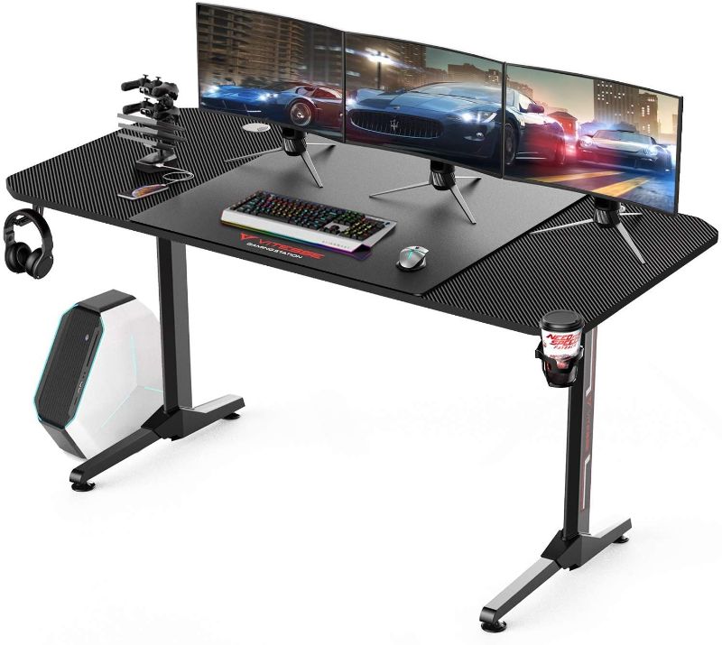 Photo 1 of Vitesse Gaming Desk, Gaming Computer Desk, PC Gaming Table, T Shaped Racing Style Professional Gamer Game Station with Free Mouse pad, USB Gaming Handle Rack, Cup Holder and Headphone Hook (Black) 63"D x 29.5"W x 29.5"H

