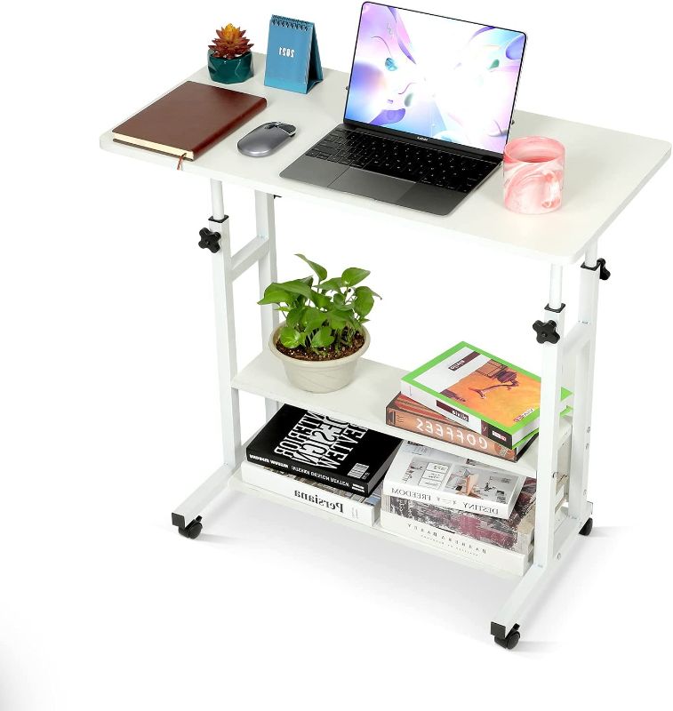 Photo 1 of Home Office Desks Standing Adjustable Height Small Laptop Desk with Storage for Small Spaces Computer Table for Couch Bedrooms Mobile Rolling Portable Student Desk on Wheels Modern Uplift Black Desk 31.5"D x 15.4"W x 35"H

