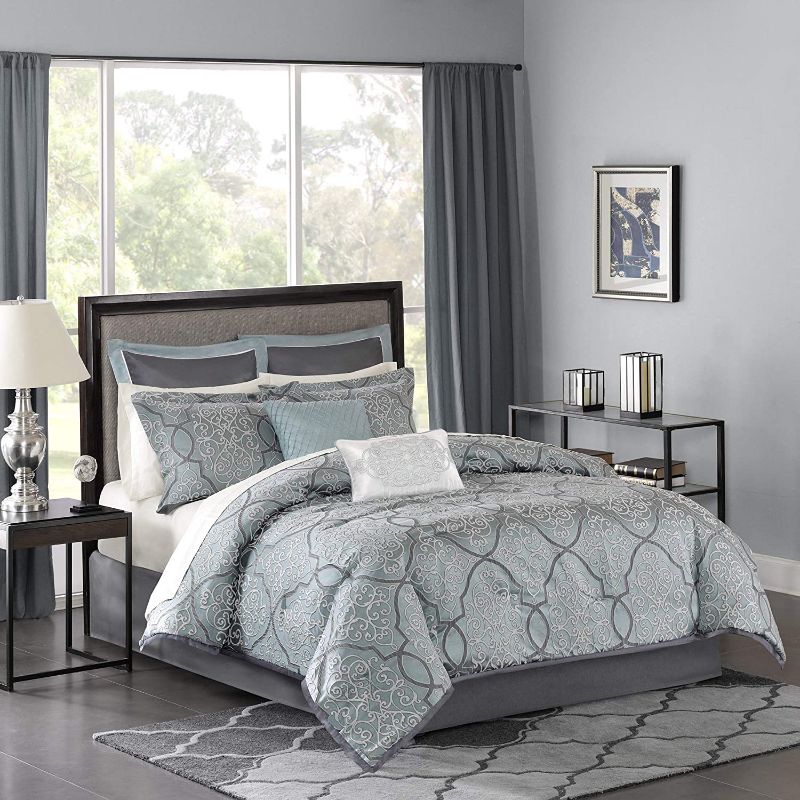 Photo 1 of **comforter only** Madison Park Cozy Bed in a Bag Comforter, Traditional Luxe Jacquard Design All Season Down Alternative Cover with Complete Sheet Set, King (106 in x 92 in), LaVine, Blue 12 Piece
