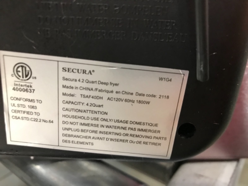 Photo 3 of **does not turn on** Secura Electric Deep Fryer 1800W-Watt Large 4.0L/4.2Qt Professional Grade Stainless Steel with Triple Basket and Timer
