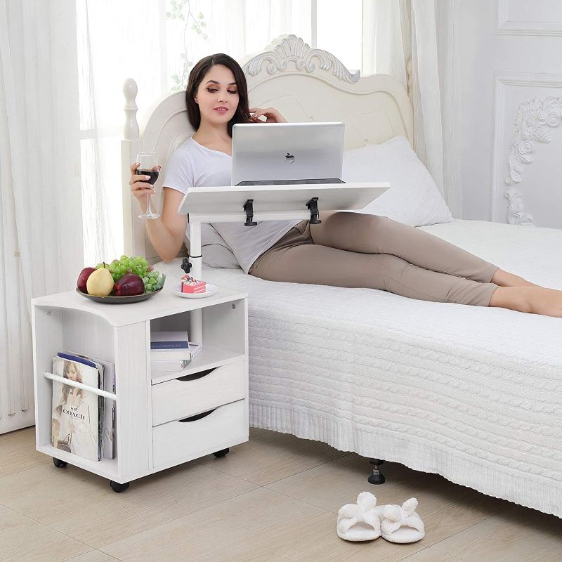 Photo 1 of Emall Life Multifunctional Height Adjustable Overbed End Table Wooden Nightstand, White.