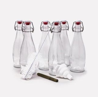 Photo 1 of 17 oz. Glass Bottles with Swing Top Stoppers, Bottle Brush, Funnel, and Gold Glass Marker (Set of 6)
