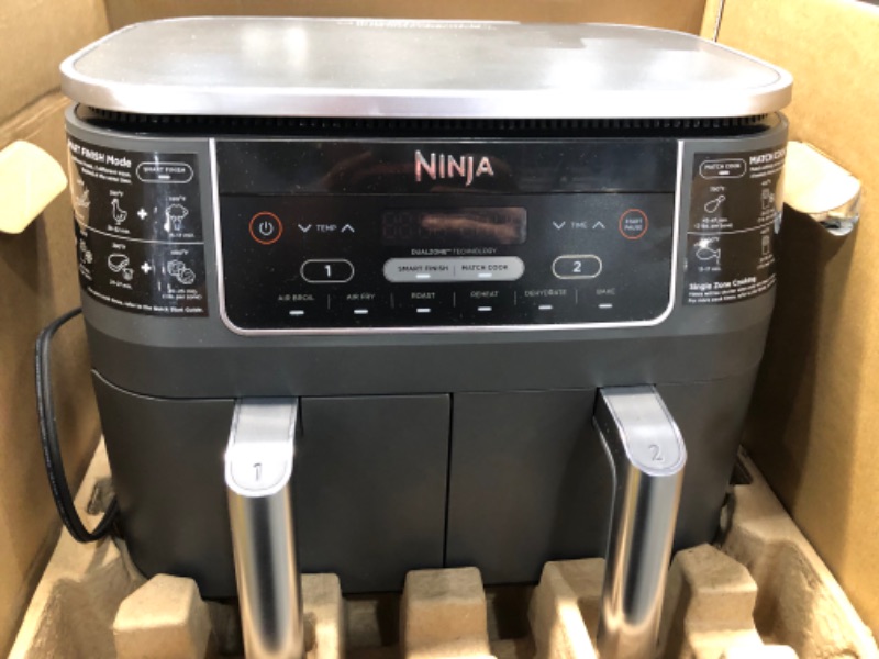 Photo 2 of Ninja DZ201 Foodi 8 Quart 6-in-1 DualZone 2-Basket Air Fryer, Grey
