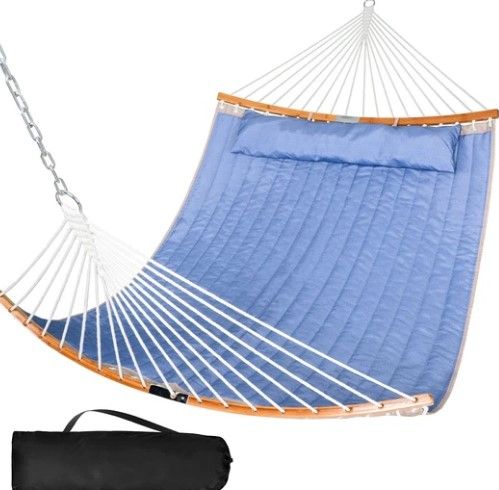 Photo 1 of 13POINT8Ft Quilted Fabric Double Hammocks w/ Curved Bamboo Bar and Pillow |SUNCREAT

