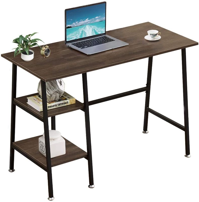 Photo 1 of VECELO Computer Home Office Desk, Study Writing Table with 2 Tier Storage Shelves  on Left or Right, 43", Brown
