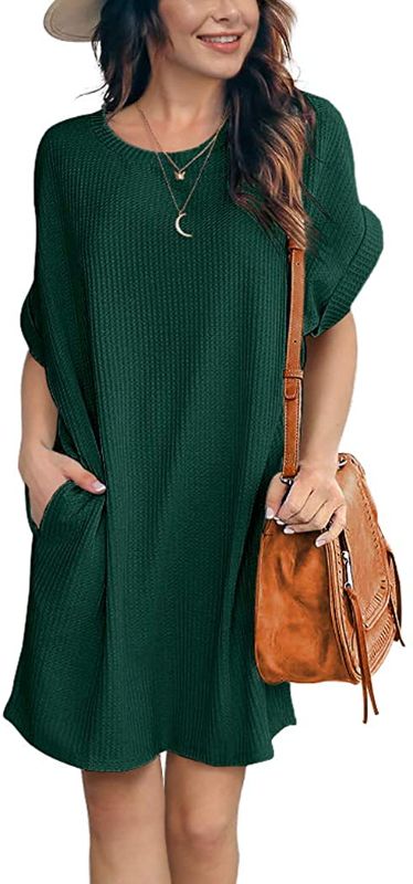 Photo 1 of IWOLLENCE Women Waffle Knit Tunic Dress Casual Summer Short Sleeve Loose Dresses Size S
