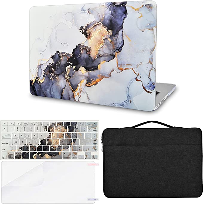 Photo 1 of KECC Compatible with MacBook Air 13 inch Case 2020 2019 2018 A1932 + Touch ID Italian Leather Hard Shell + Keyboard Cover + Sleeve Bag + Screen Protector (White Marble Blue Gold)
