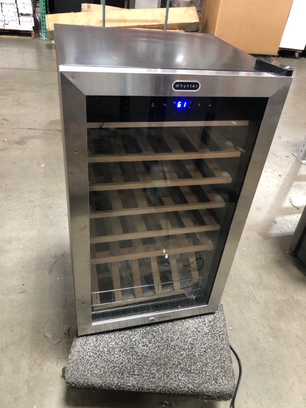 Photo 1 of (DAMAGED EDGE)
Whynter FWC-341TS 34 Bottle Freestanding Wine Refrigerator with Display Shelf and Digital Control, Stainless Steel