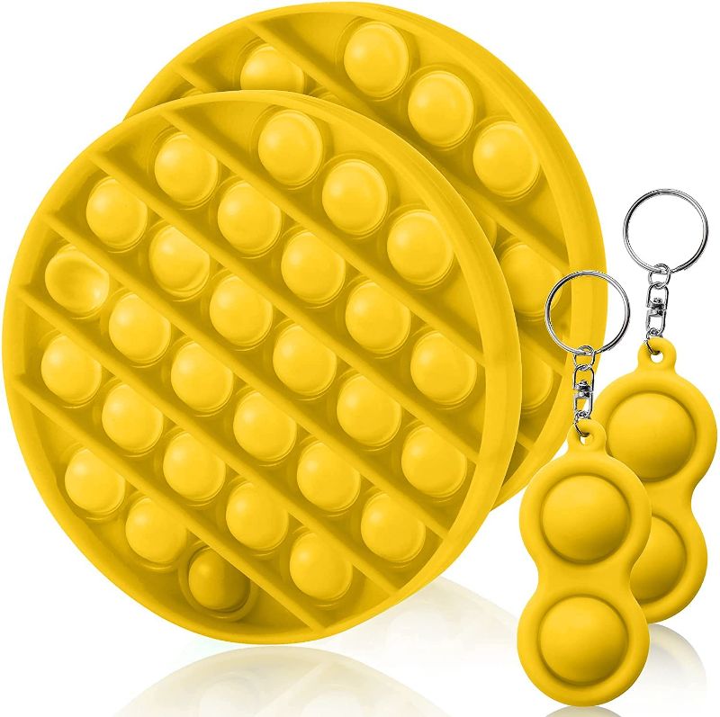 Photo 1 of Push Pop Bubble Sensory Fidget Toy - 4 pack (Round, Yellow) Silicone Simple Dimple Popper Toys (2 pcs big round poppers, 2pcs small keychain toy) Autism Special Needs Kids Stress Reliever
