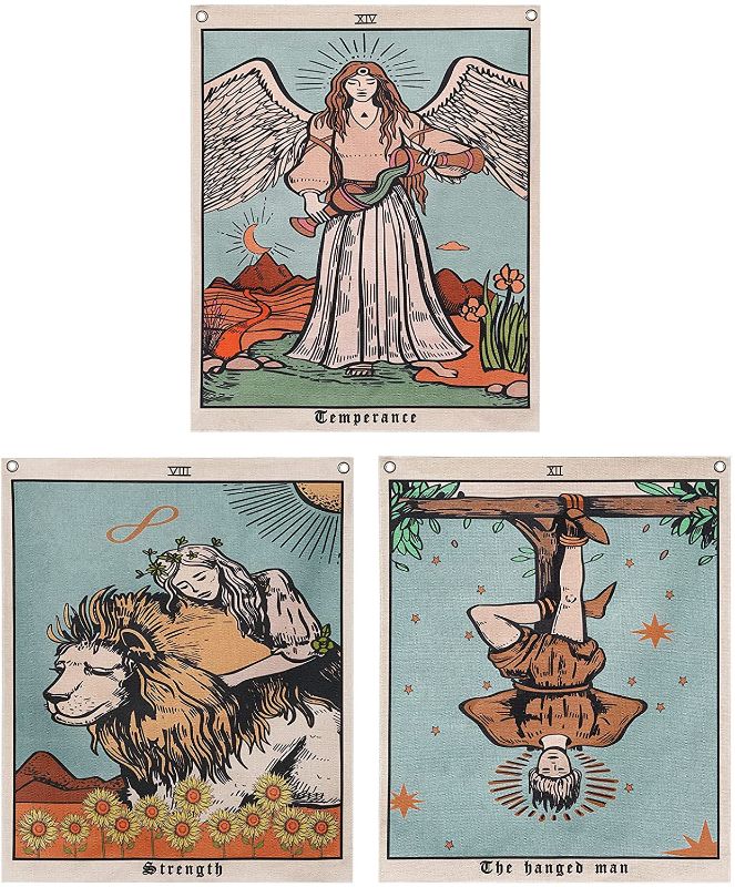 Photo 1 of 2 PACK**
Pocass Pack of 3 Tarot Tapestry The Temperance The Strength The Hanged Man Tarot Card Tapestry Wall Hanging Europe Mysterious Medieval Tarot Tapestries with Grommets, Seamless Nails (11.8 x 15.7 inches)
