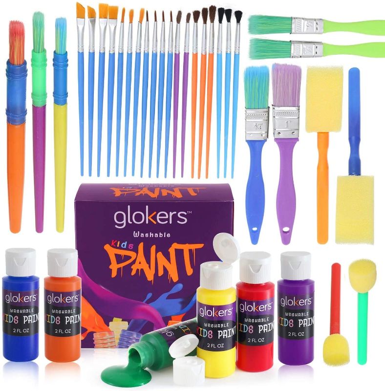 Photo 1 of glokers Complete Set of 30 Paint Brushes Bundle with 6 Non-Toxic Washable Kids Paint– Washable Kids Paints and Paintbrush Set - 2oz Assorted Bottles – Perfect for Kids Age 3+
