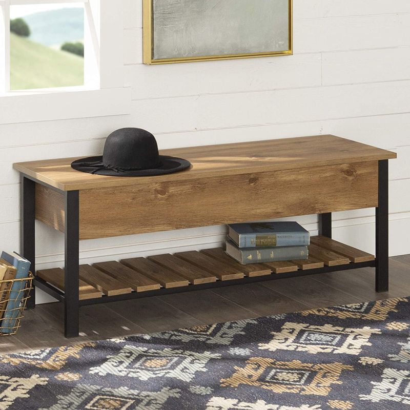 Photo 1 of Walker Edison Julian Rustic Farmhouse Lift Top Entry Bench with Bottom Rack, 48 Inch, Barn wood
Dimensions: 18” H x 15.75” D x 47.625” L, Bottom tier: 3” H x 14” D x 43” L