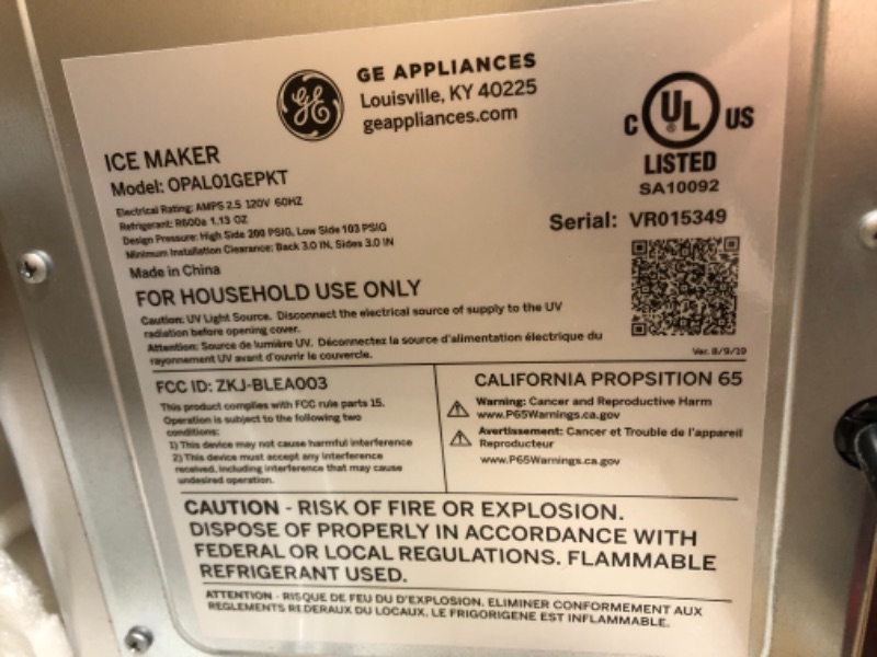 Photo 6 of GE Profile Opal | Countertop Nugget Ice Maker with Side Tank | Portable Ice Machine with Bluetooth Connectivity | Smart Home Kitchen Essentials | Stainless Steel Finish | Up to 24 lbs. of Ice Per Day
//missing components //tested power on 