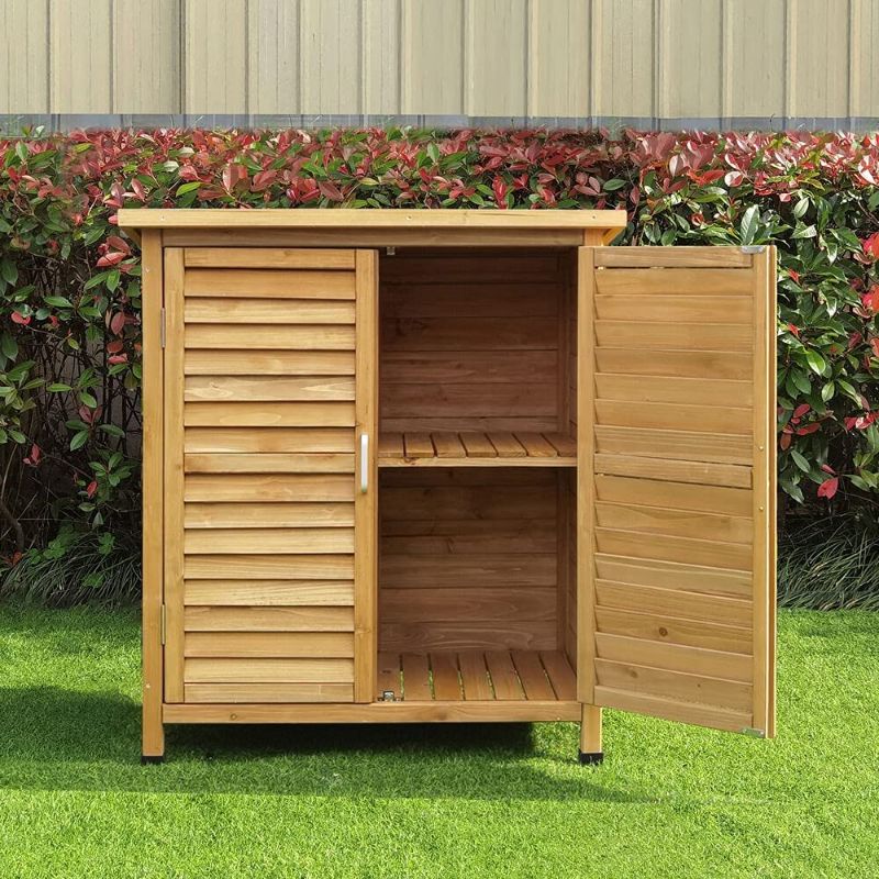 Photo 1 of Mcombo Outdoor Wood Storage Cabinet, Small Size Garden Wooden Tool Shed with Double Doors, Outside Tools Cabinet for Backyard (24.6”x 18.3”x38.2”) 0985 (Yellow)
//missing hardware