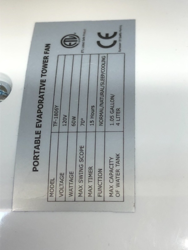 Photo 1 of trustech Air Cooler, 43" Tower Fan w/Cooling & Humidification Function, 1 Gallon Water Tank, 3 Wind Speeds, 4 Modes, 70°Oscillation, 15H Timer, Super Quiet
//tested power on //missing remote 