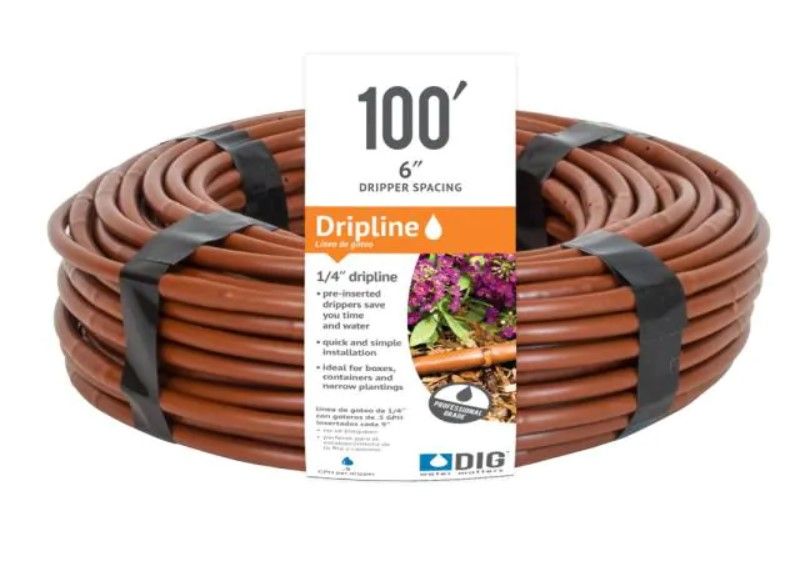 Photo 1 of 10 items 
DIG 1/4 in. Emitter Tubing 100 ft. W/6 in. Spacing in Brown
($23 x 10)