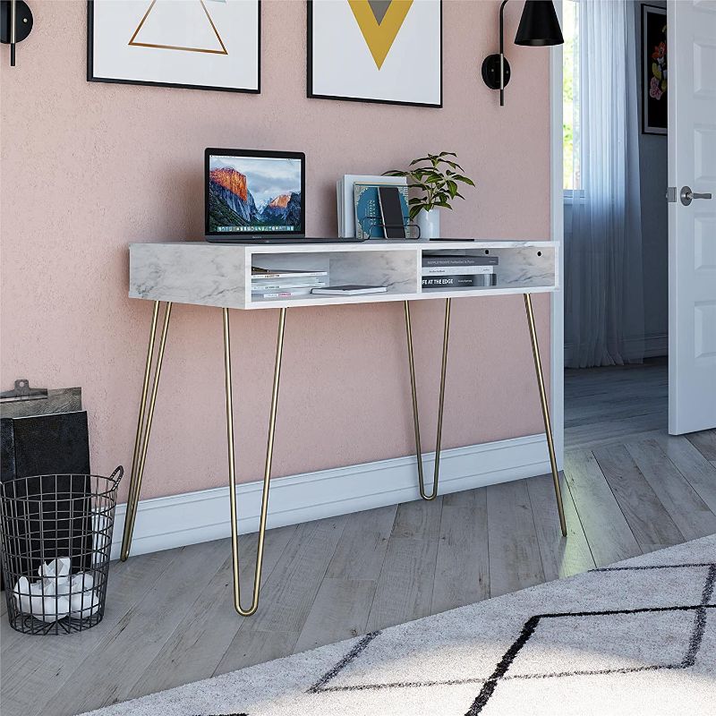 Photo 1 of **DAMAGE TO SIDE OF TABLE**
Novogratz Computer Desk with Storage, White Marble
