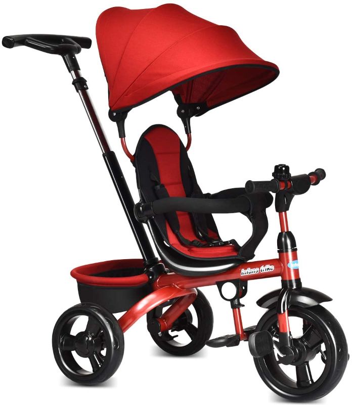 Photo 1 of INFANS Kids Tricycle, 4 in 1 Stroll Trike with Adjustable Push Handle, Removable Canopy, Retractable Foot Plate, Lockable Pedal, Detachable Guardrail, Suitable for 10 Months to 5 Years (Red)
