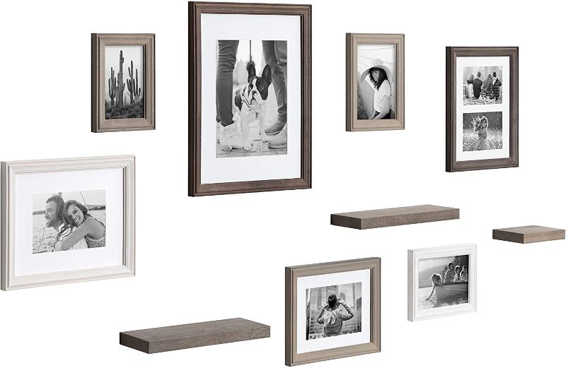 Photo 1 of **SIMILAR TO STOCK PHOTO**
Kate and Laurel Bordeaux Gallery Wall Frame and Shelf Kit, Set of 10, Multicolored with Whitewash, Charcoal Gray, and Farmhouse Gray, Assorted Size Frames and Three Display Shelves
