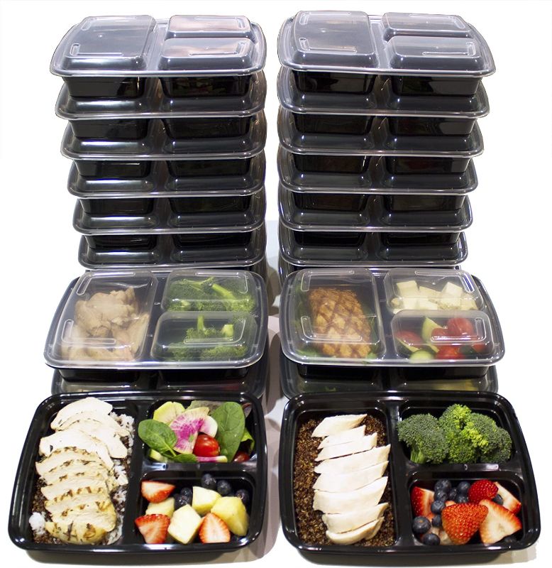 Photo 1 of (CRACKED CONTAINER CORNERS AND LID CORNERS) 
[20 Pack] 3 Compartment Meal Prep Containers BPA Free Portion Control Bento Boxes (39 Oz.)
