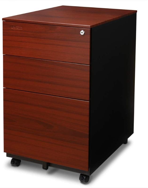 Photo 1 of Aurora FC-103RT Modern Soho Design 3-Drawer Metal Mobile File Cabinet with Lock Key/Fully Assembled, Metallic Charcoal/Red Teak
