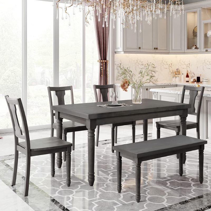 Photo 1 of 6PCS/Set Classic Dining Set Wooden Table and 4 Chairs with Bench for Kitchen Dining Room, Gray Simple Style Dining Table
Missing Table