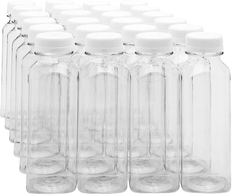 Photo 1 of 12-OZ Square Plastic Juice Bottles - Cold Pressed Clear Food Grade PET Bottles with Tamper Evident Safety Cap: Perfect for Juice Shops, Cafes and Catering Events - Disposable and Eco-Friendly - 100-CT
