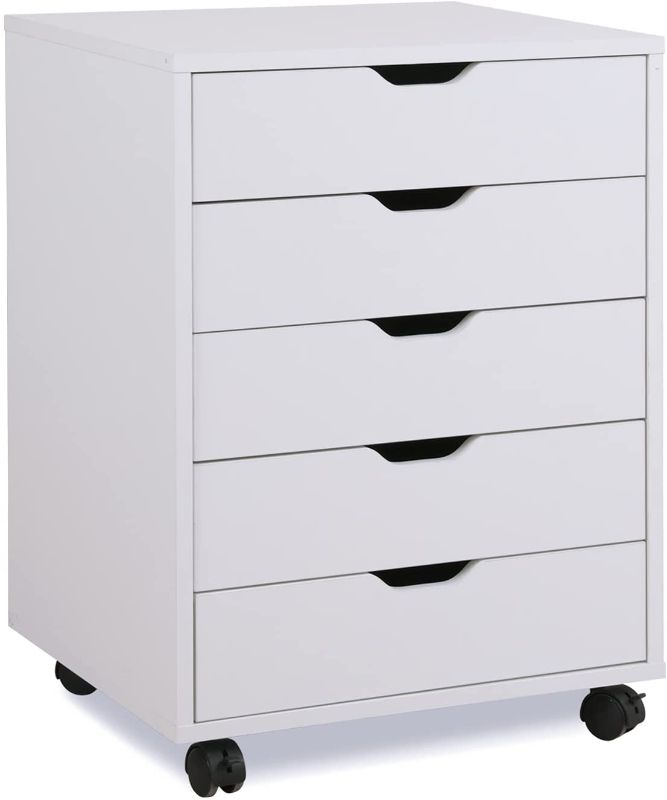 Photo 1 of 5 Drawers Office Storage Cabinet with Wheels, Wood Dresser Chest of Drawers, White