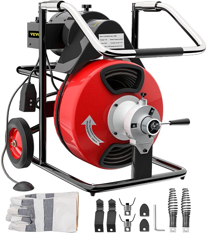 Photo 1 of VEVOR Drain Cleaner Machine 100ftx1/2in Electric Drain Auger 550W Sewer Snake Drill Machine, fit 1 Inch (25mm) to 4 Inch(100mm) Pipes, w/Wheels, Cutters, Foot Switch, for Drain Cleaners Plumbers
AS IS USED, HARDWARE NOT IN ORIGINAL PACKAGING, MISSING RAGS