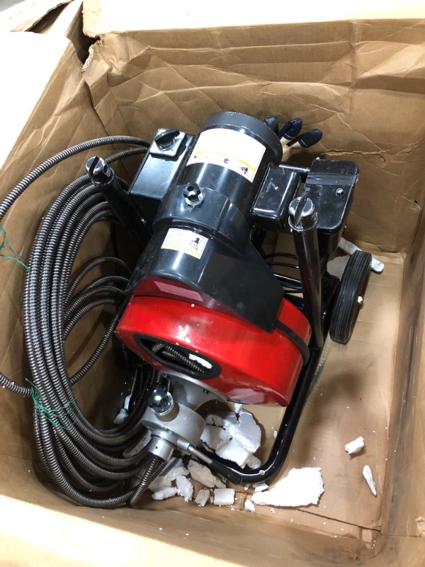 Photo 2 of VEVOR Drain Cleaner Machine 100ftx1/2in Electric Drain Auger 550W Sewer Snake Drill Machine, fit 1 Inch (25mm) to 4 Inch(100mm) Pipes, w/Wheels, Cutters, Foot Switch, for Drain Cleaners Plumbers
AS IS USED, HARDWARE NOT IN ORIGINAL PACKAGING, MISSING RAGS