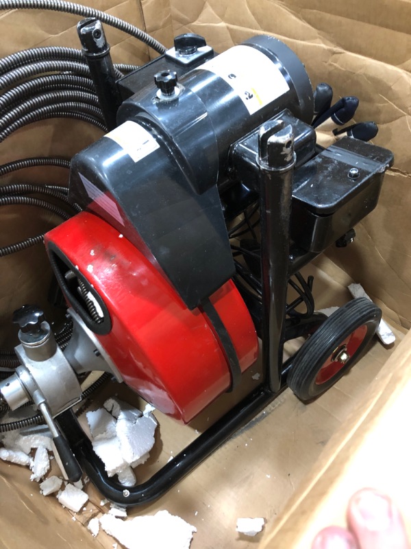 Photo 3 of VEVOR Drain Cleaner Machine 100ftx1/2in Electric Drain Auger 550W Sewer Snake Drill Machine, fit 1 Inch (25mm) to 4 Inch(100mm) Pipes, w/Wheels, Cutters, Foot Switch, for Drain Cleaners Plumbers
AS IS USED, HARDWARE NOT IN ORIGINAL PACKAGING, MISSING RAGS