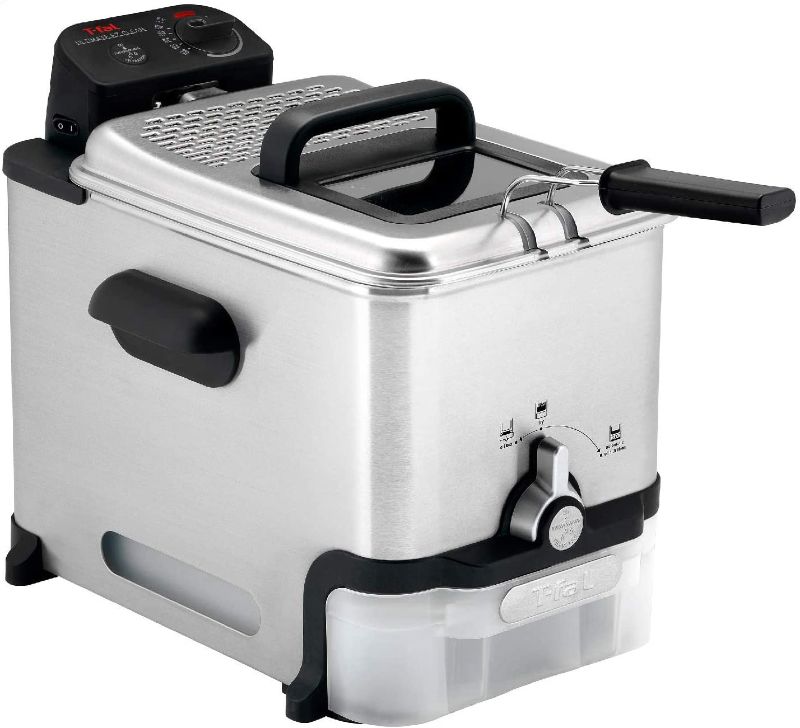 Photo 1 of T-fal Deep Fryer with Basket, Stainless Steel, Easy to Clean Deep Fryer, Oil Filtration, 2.6-Pound, Silver, Model FR8000
AS IS USED, VERY VERY OILY, PLEASE SEE PHOTOS 