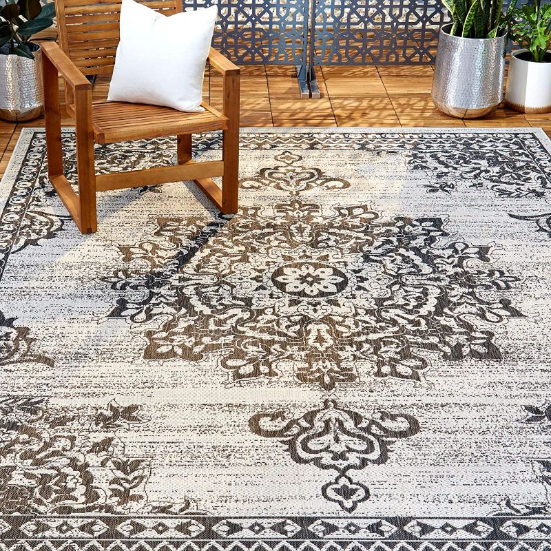 Photo 1 of Home Dynamix Nicole Miller Patio Country Azalea Indoor/Outdoor Area Rug 7'9"x10'2", Traditional Medallion Gray/Black
