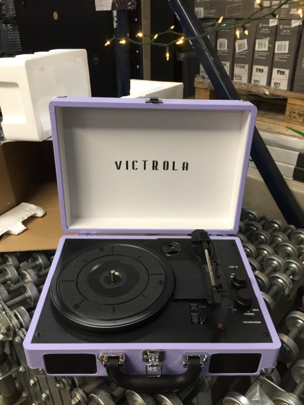 Photo 2 of Victrola Vintage 3-Speed Bluetooth Suitcase Turntable with Speakers, Lavender
AS IS USED