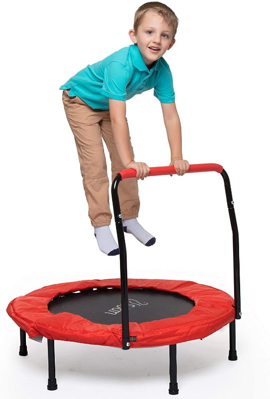 Photo 1 of Portable 36 Inches Kid Trampoline w Handle for Stability and Safety Pad- Foldable Handrail for Easy Storage- Fitness Rebounder Trampoline for Kids and Adults- Quiet Indoor and Outdoor Exercise
