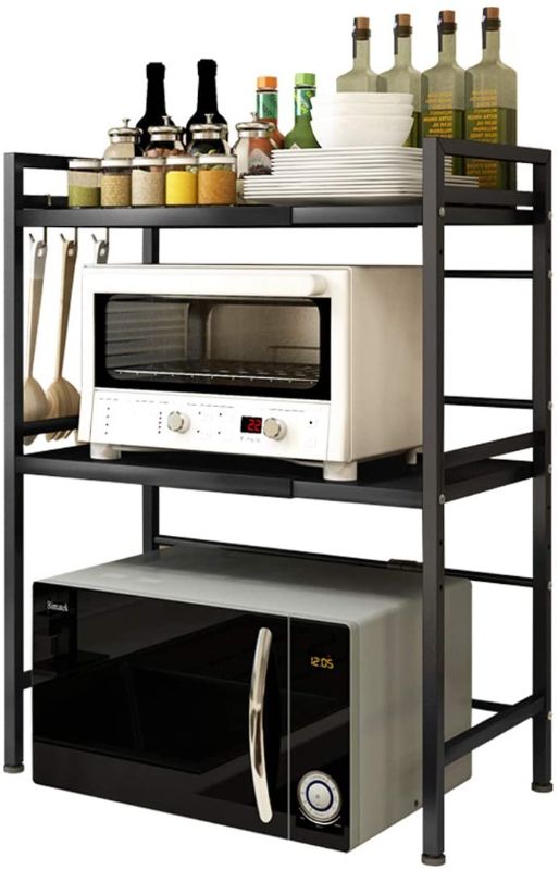 Photo 1 of  Microwave Shelf Countertop, Expandable and Height Adjustable Carbon Steel Microwave Oven Rack, 3-Tier Kitchen Counter Shelf 
AS IS USED MISSING HARDWARE 