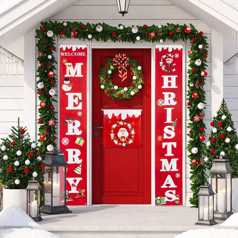 Photo 1 of Besteek Merry Christmas Banner for Home, Christmas Porch Sign Decorations for Holiday Indoor Outdoor Front Door Home Wall Hanging Christmas Decorations
