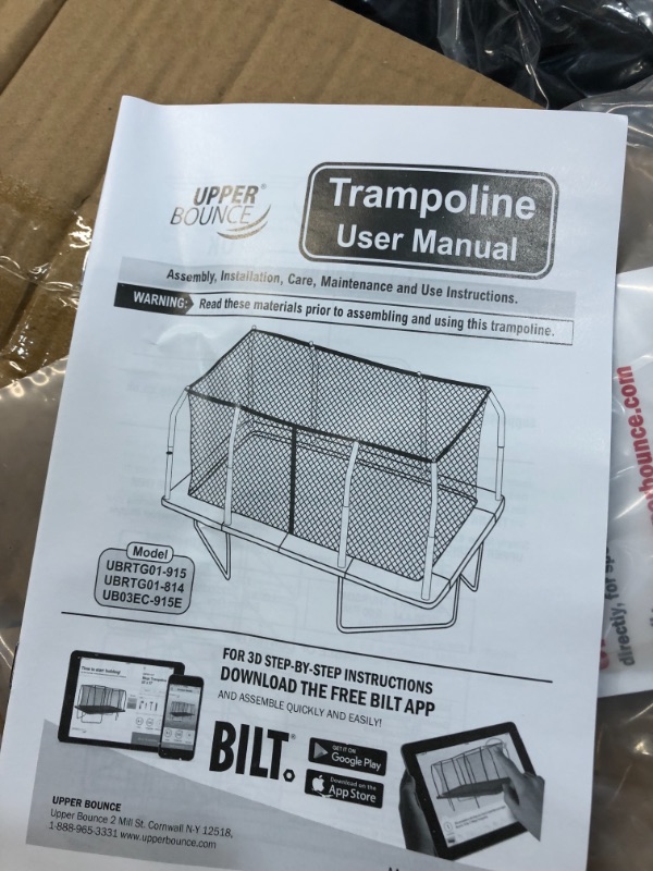 Photo 2 of BOX 3 of 3 NOT COMPLET E
Upper Bounce 8' X 14' Gymnastics Style, Rectangular Trampoline Set with Premium Top-Ring Enclosure System - Blue/Black
