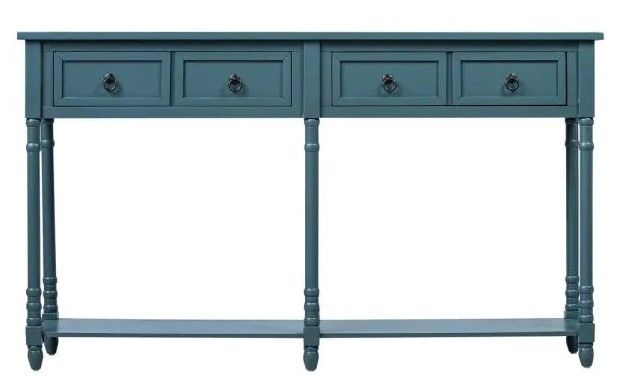 Photo 1 of 58 in. Antique Navy Standard Rectangle Wood Console Table with Drawers, Long Shelf Solid Wood
