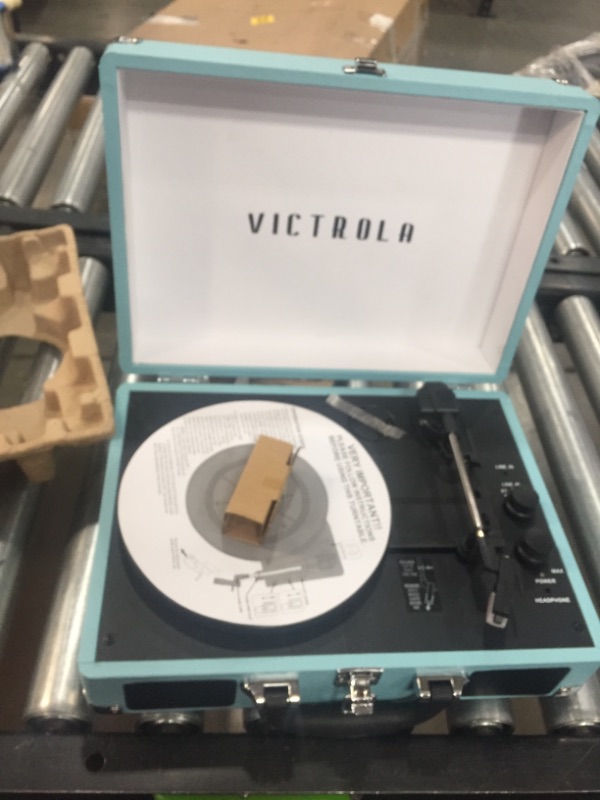 Photo 2 of **PARTS ONLY** Victrola Vintage 3-Speed Bluetooth Portable Suitcase Record Player with Built-in Speakers | Upgraded Turntable Audio Sound| Includes Extra Stylus | Turquoise, Model Number: VSC-550BT
NO POWER CORD
