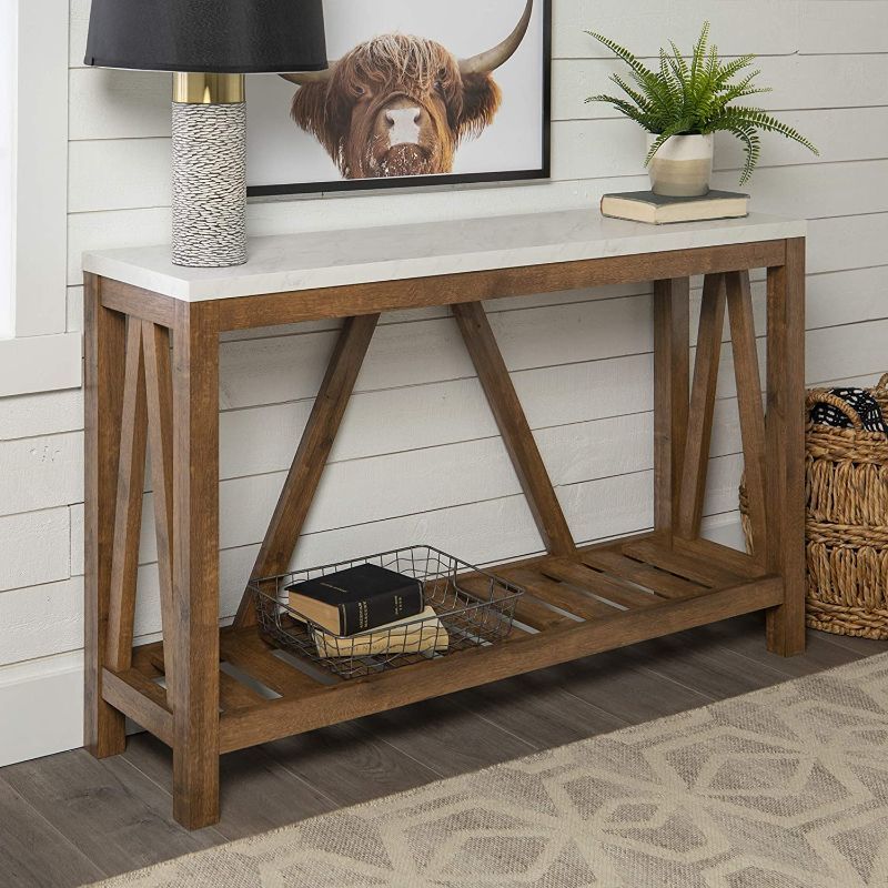 Photo 1 of **PARTS ONLY** WALKER EDISON MODERN FARMHOUSE ACCENT ENTRYWAY TABLE ENTRY TABLE LIVING ROOM END TABLE, 52 INCH, MARBLE AND WALNUT