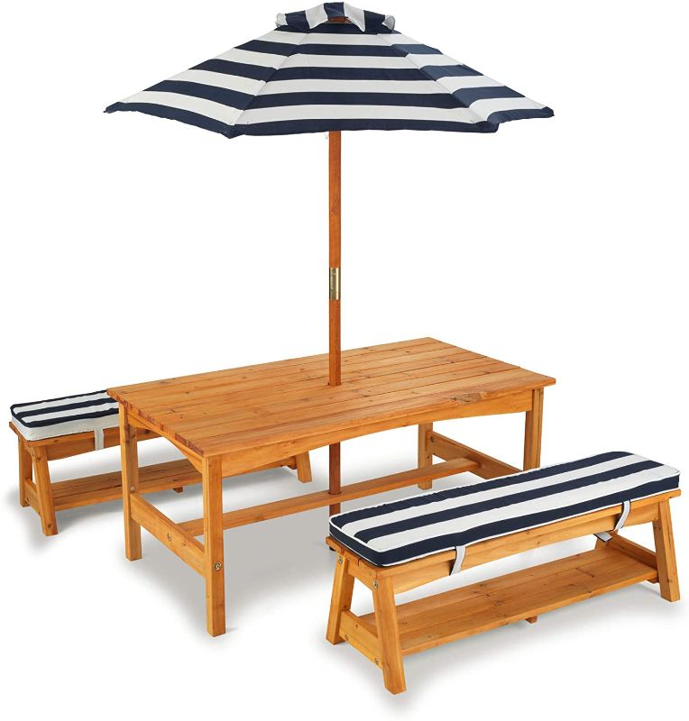 Photo 1 of KidKraft Outdoor Wooden Table & Bench Set with Cushions and Umbrella, Kids Backyard Furniture, Navy and White Stripe Fabric, Gift for Ages 3-8
